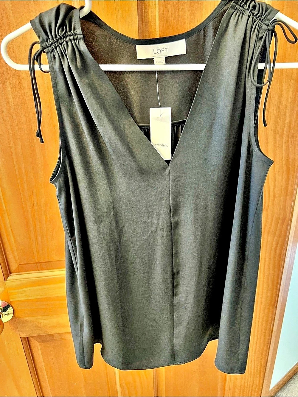LOFT Tie Strap Ruched Tank Top Black XS